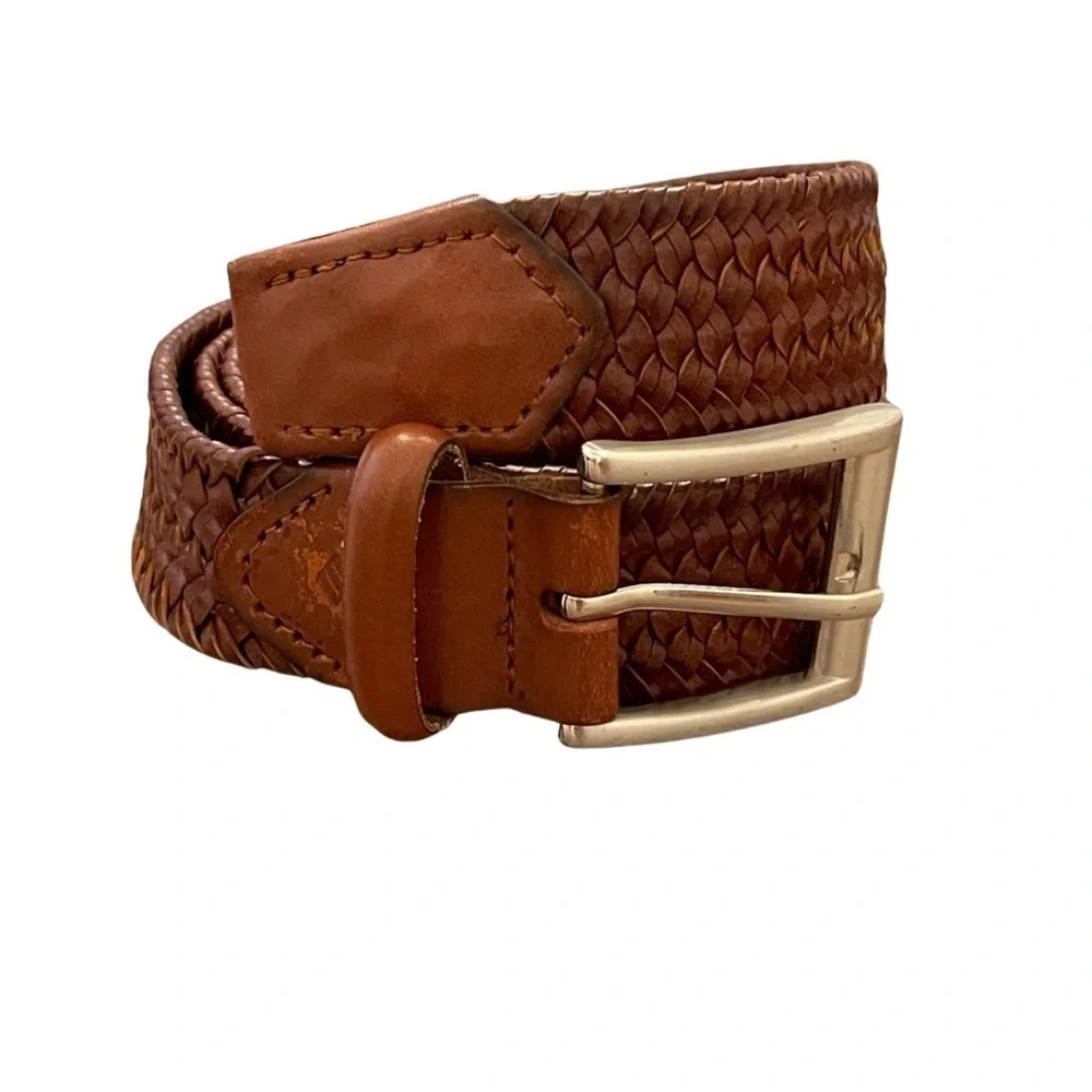 Genuine Italian Leather woven Belt in Cognac Size 36/91 Hidden Elastic Stretch